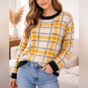 John Paul Richard cozy eyelash grandpa sweater yellow plaid S academic clueless